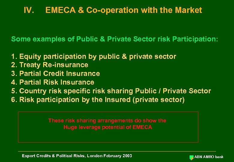 IV. EMECA & Co-operation with the Market Some examples of Public & Private Sector