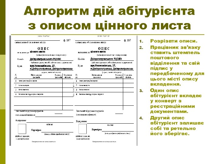 Алгоритм дій абітурієнта з описом цінного листа 1. 2. 3. 4. Розрізати описи. Працівник