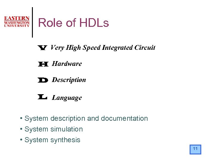 Role of HDLs V Very High Speed Integrated Circuit H Hardware D Description L