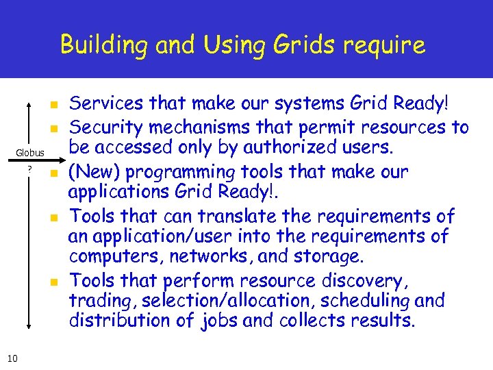Building and Using Grids require n n Globus ? n n n 10 Services