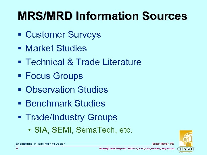 MRS/MRD Information Sources § § § § Customer Surveys Market Studies Technical & Trade