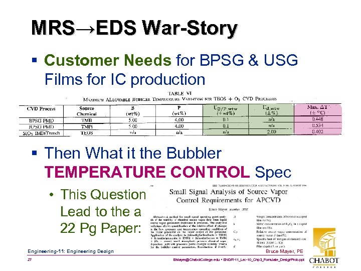 MRS→EDS War-Story § Customer Needs for BPSG & USG Films for IC production §