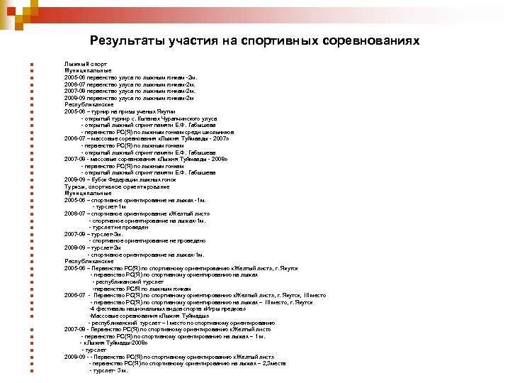 Результаты участия на спортивных соревнованиях Лыжный спорт Муниципальные 2005 -06 первенство улуса по лыжным