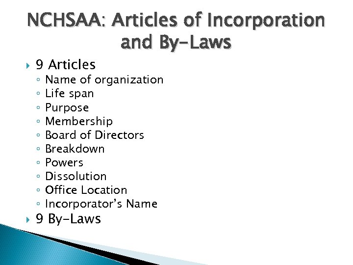 NCHSAA: Articles of Incorporation and By-Laws 9 Articles ◦ ◦ ◦ ◦ ◦ Name