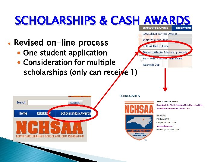 SCHOLARSHIPS & CASH AWARDS Revised on-line process One student application Consideration for multiple scholarships