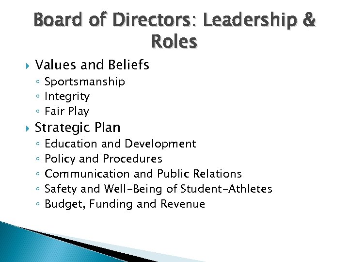 Board of Directors: Leadership & Roles Values and Beliefs ◦ Sportsmanship ◦ Integrity ◦