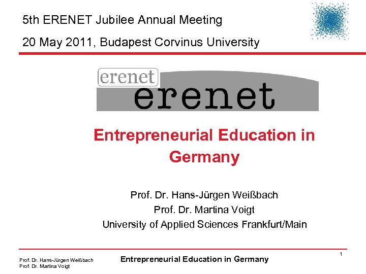 5 th ERENET Jubilee Annual Meeting 20 May 2011, Budapest Corvinus University Entrepreneurial Education