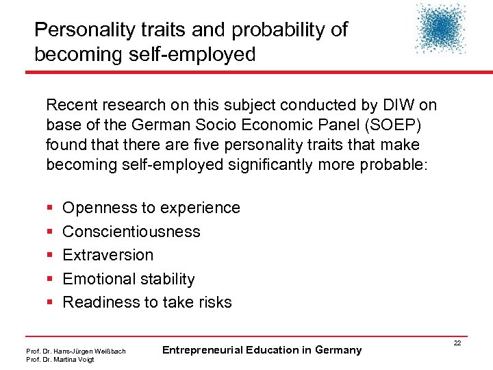 Personality traits and probability of becoming self-employed Recent research on this subject conducted by