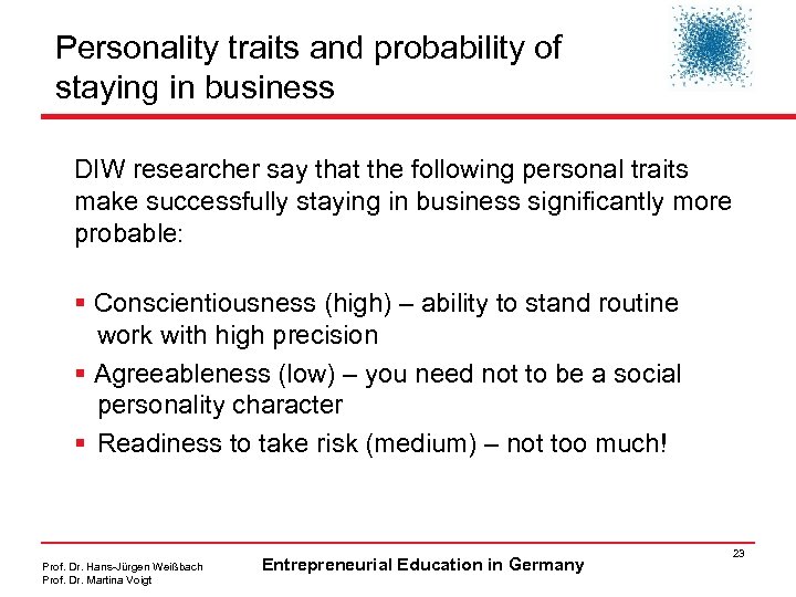 Personality traits and probability of staying in business DIW researcher say that the following