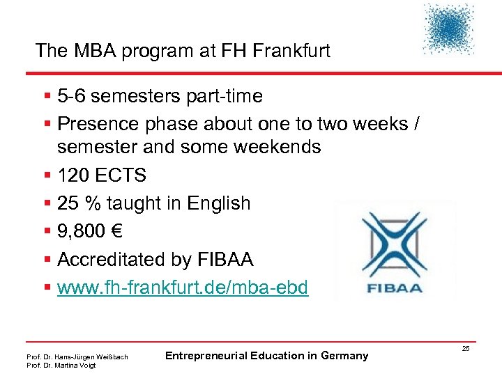 The MBA program at FH Frankfurt § 5 -6 semesters part-time § Presence phase