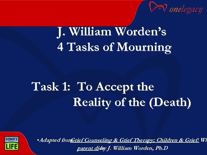 J. William Worden’s 4 Tasks of Mourning Task 1: To Accept the Reality of