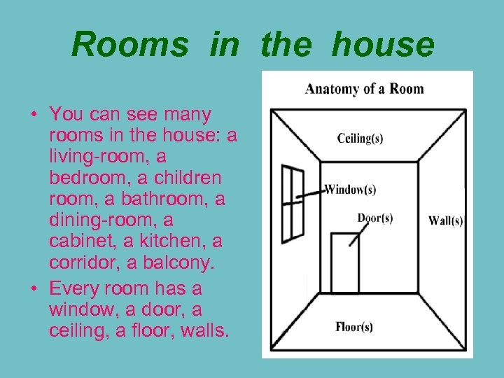 Rooms in the house • You can see many rooms in the house: a