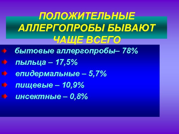 ПОЛОЖИТЕЛЬНЫЕ АЛЛЕРГОПРОБЫ БЫВАЮТ ЧАЩЕ ВСЕГО бытовые аллергопробы– 78% пыльца – 17, 5% епидермальные –