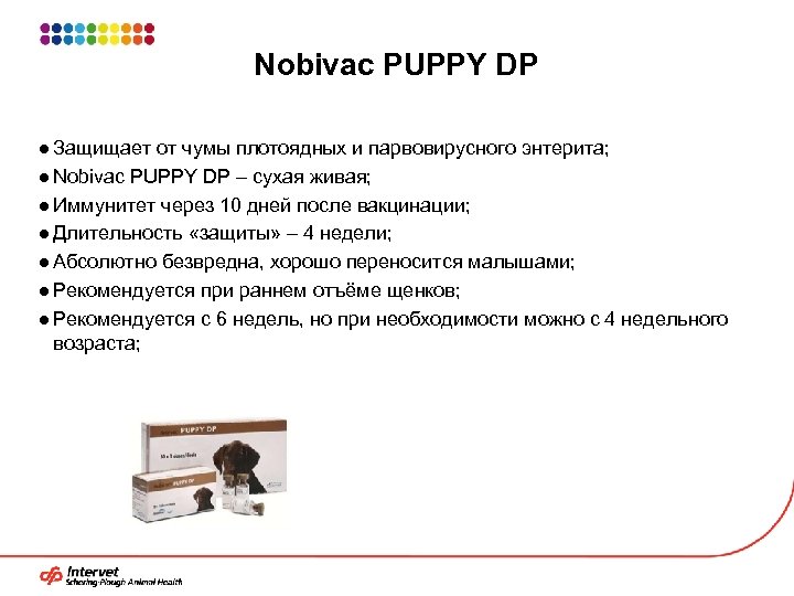 Nobivac PUPPY DP ● Защищает от чумы плотоядных и парвовирусного энтерита; ● Nobivac PUPPY