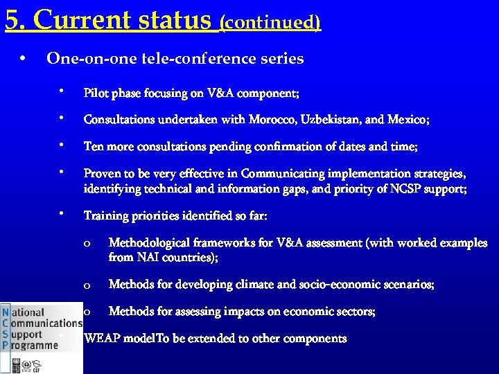 5. Current status (continued) • One-on-one tele-conference series • • • Pilot phase focusing
