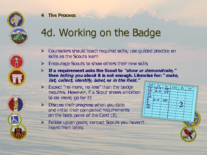 4 The Process 4 d. Working on the Badge Ø Counselors should teach required