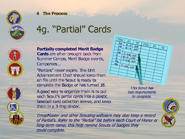 4 The Process 4 g. “Partial” Cards Partially completed Merit Badge Cards are often