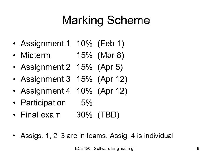Marking Scheme • • Assignment 1 Midterm Assignment 2 Assignment 3 Assignment 4 Participation