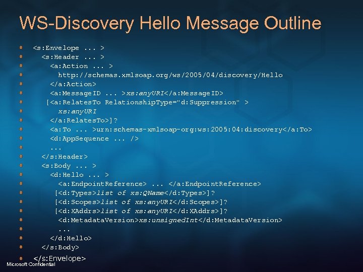 WS-Discovery Hello Message Outline <s: Envelope. . . > <s: Header. . . >