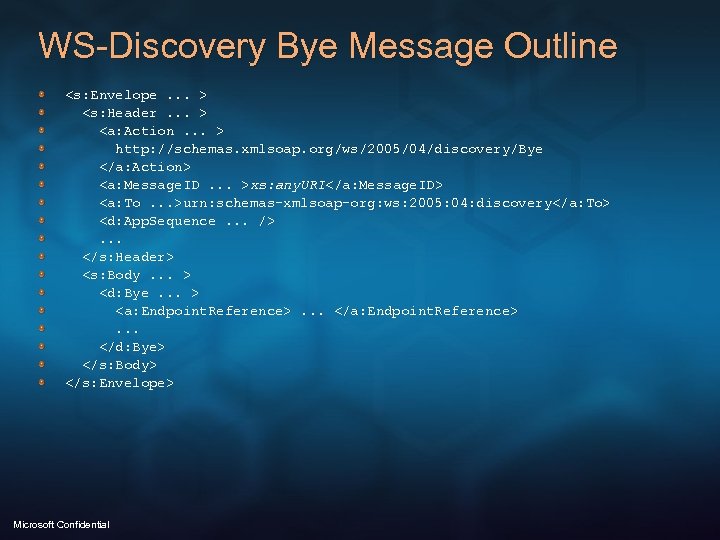 WS-Discovery Bye Message Outline <s: Envelope. . . > <s: Header. . . >