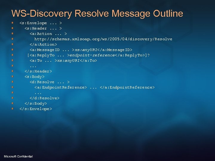 WS-Discovery Resolve Message Outline <s: Envelope. . . > <s: Header. . . >