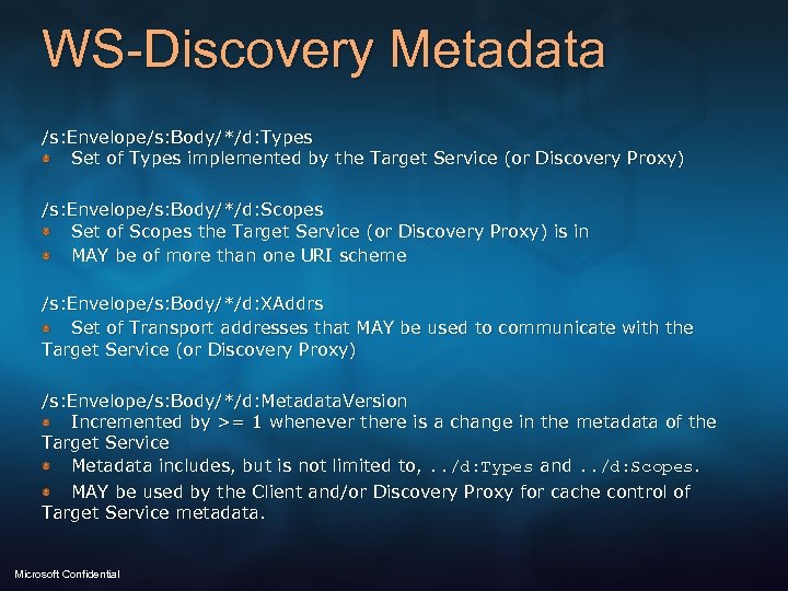 WS-Discovery Metadata /s: Envelope/s: Body/*/d: Types Set of Types implemented by the Target Service