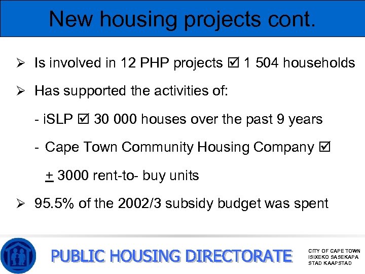 New housing projects cont. Ø Is involved in 12 PHP projects 1 504 households