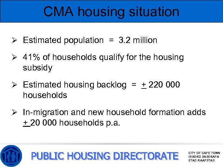 CMA housing situation Ø Estimated population = 3. 2 million Ø 41% of households