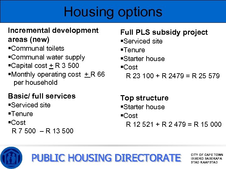 Housing options Incremental development areas (new) §Communal toilets §Communal water supply §Capital cost +