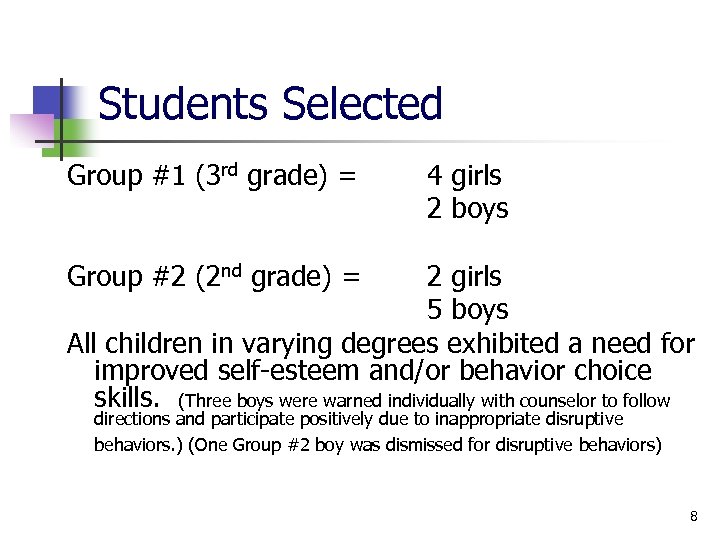 Students Selected Group #1 (3 rd grade) = 4 girls 2 boys Group #2