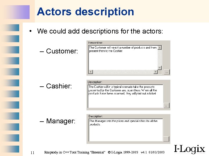 Actors description • We could add descriptions for the actors: – Customer: – Cashier: