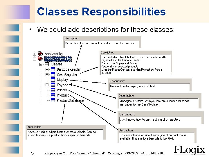 Classes Responsibilities • We could add descriptions for these classes: 26 Rhapsody in C++