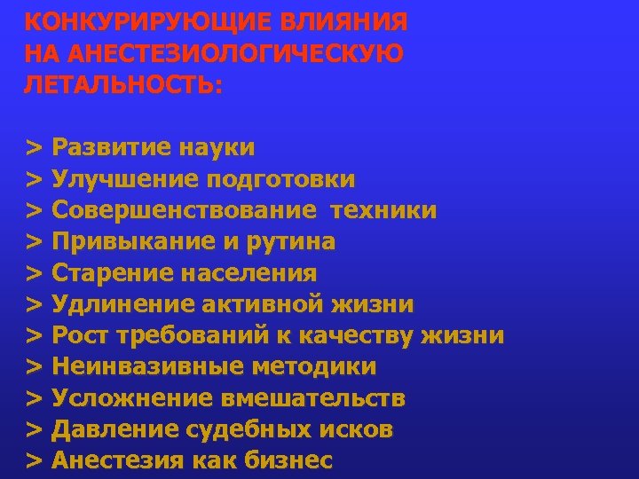 КОНКУРИРУЮЩИЕ ВЛИЯНИЯ НА АНЕСТЕЗИОЛОГИЧЕСКУЮ ЛЕТАЛЬНОСТЬ: > Развитие науки > Улучшение подготовки > Совершенствование техники