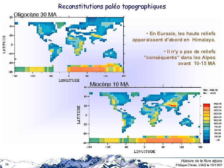 Reconstitutions paléo topographiques Oligocène 30 MA • En Eurasie, les hauts reliefs apparaissent d'abord