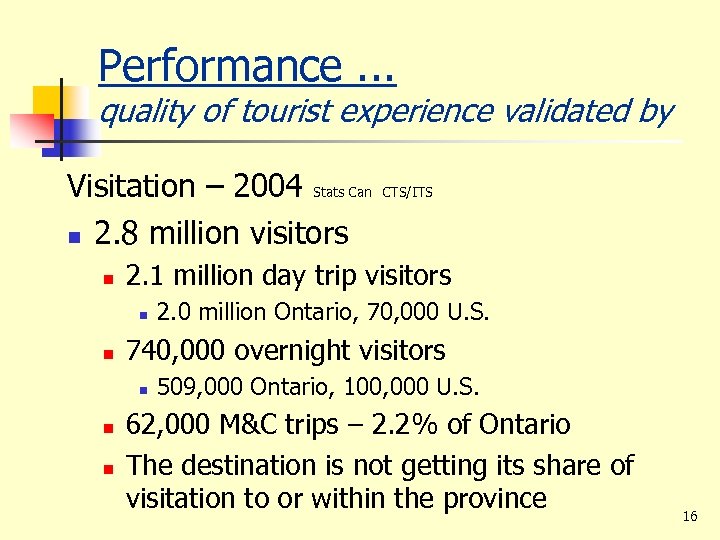 Performance. . . quality of tourist experience validated by Visitation – 2004 Stats Can