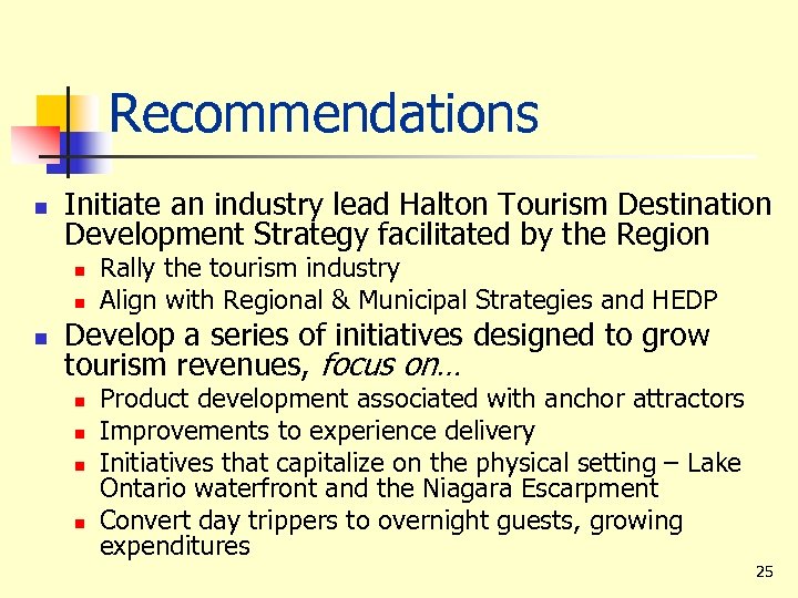 Recommendations n Initiate an industry lead Halton Tourism Destination Development Strategy facilitated by the