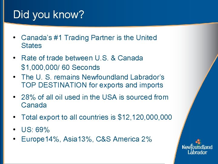 Did you know? • Canada’s #1 Trading Partner is the United States • Rate