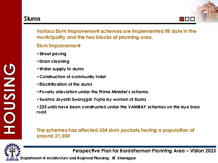 Slums Various Slum improvement schemes are implemented till date in the municipality and the