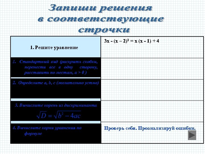 3 х - (х – 2)2 = х (х - 1) + 4 1.
