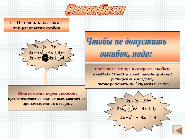 1. Неправильные знаки при раскрытии скобок 3 х - (х – 2)2= 3 х