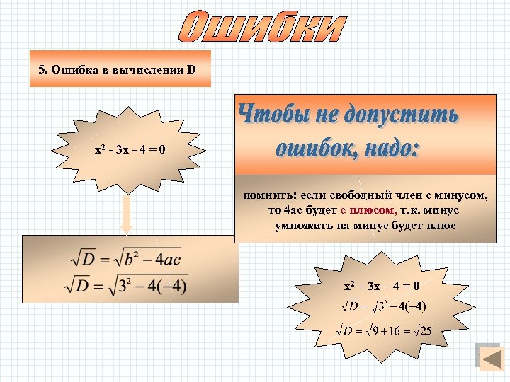 5. Ошибка в вычислении D х2 - 3 х - 4 = 0 помнить: