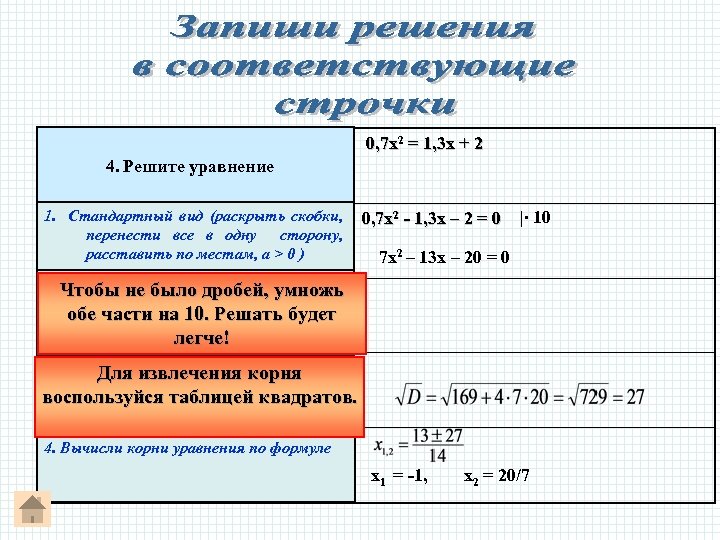 0, 7 х2 = 1, 3 х + 2 4. Решите уравнение 1. Стандартный