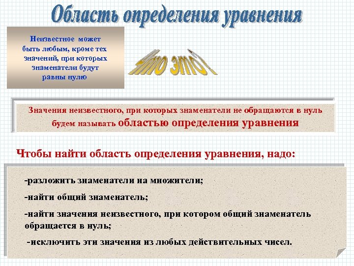 Неизвестное может быть любым, кроме тех значений, при которых знаменатели будут равны нулю Значения