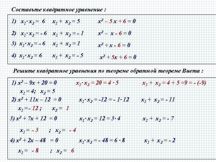 Составьте квадратное уравнение : 1) х1∙ х2 = 6 х1 + х2 = 5
