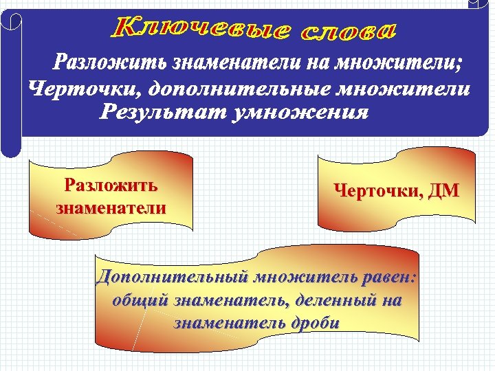 Разложить знаменатели Черточки, ДМ Дополнительный множитель равен: общий знаменатель, деленный на знаменатель дроби 