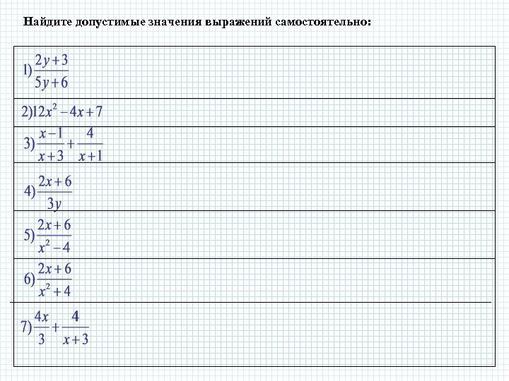 Найдите допустимые значения выражений самостоятельно: 