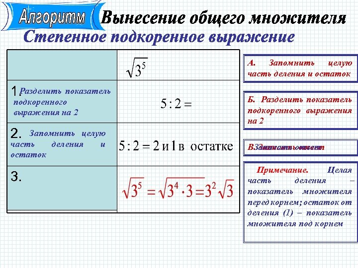 А. Запомнить целую часть деления и остаток 1. Разделить показатель подкоренного выражения на 2