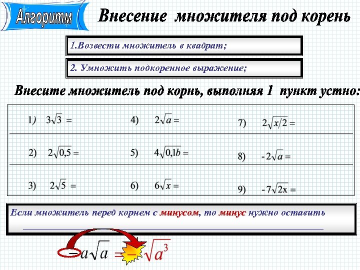 1. Возвести множитель в квадрат; 2. Умножить подкоренное выражение; Если множитель перед корнем с