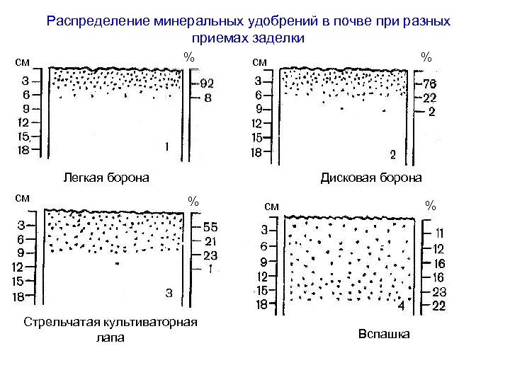 Распределение минеральных удобрений в почве при разных приемах заделки % см Легкая борона см