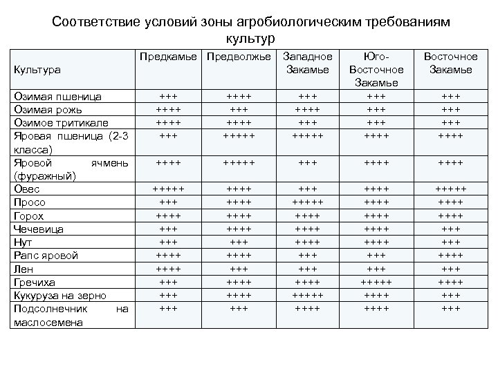 Соответствие условий зоны агробиологическим требованиям культур Культура Озимая пшеница Озимая рожь Озимое тритикале Яровая